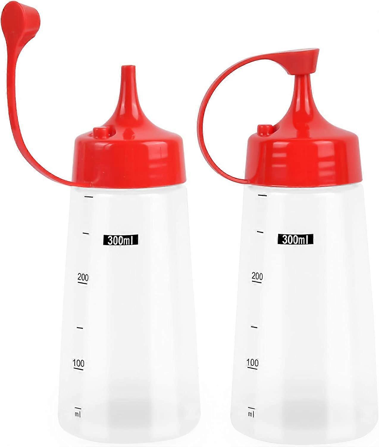 2 Pcs Sauce Bottle, 300ml 10.5oz Squeeze Condiment Bottle Plastic Sauce Dispenser with Graduated, Condiment Dispenser for Ketchup Mustard Hot Sauces B