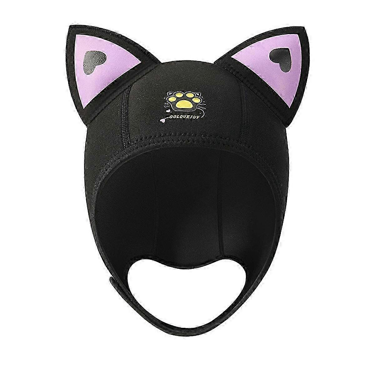 Femmes Chat Oreilles Capuche De Plongée Chapeau Imperméable Combinaison De Plongée Capuche Cap De Natation Avec Mentonnières Noir