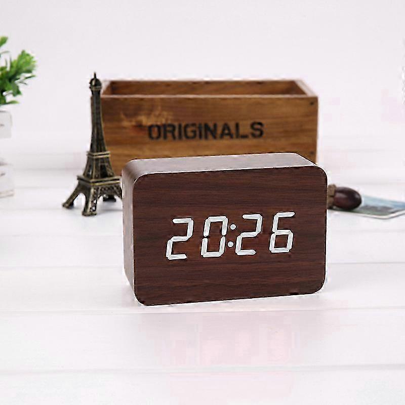 BatteryUSB charging LED digital alarm clock, display temperature, 3 groups of alarms and 2 groups of alarm modes, 3 brightness adjustments (brown woo