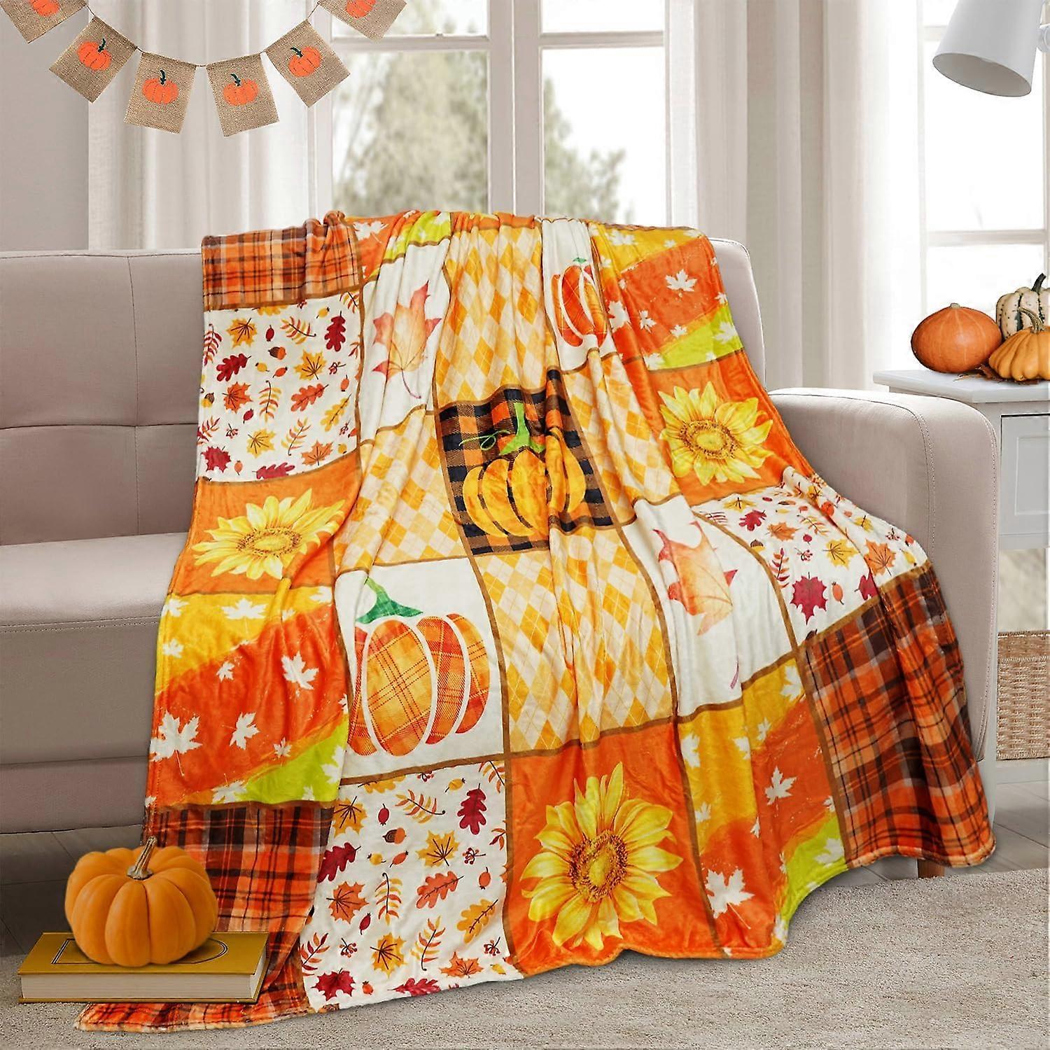 Cozy Fall Throw Blanket for Couch, Autumn Pumpkin Leaves and Berries on Blue Background Blanket Fall Blankets and Throws, 60" x 50"