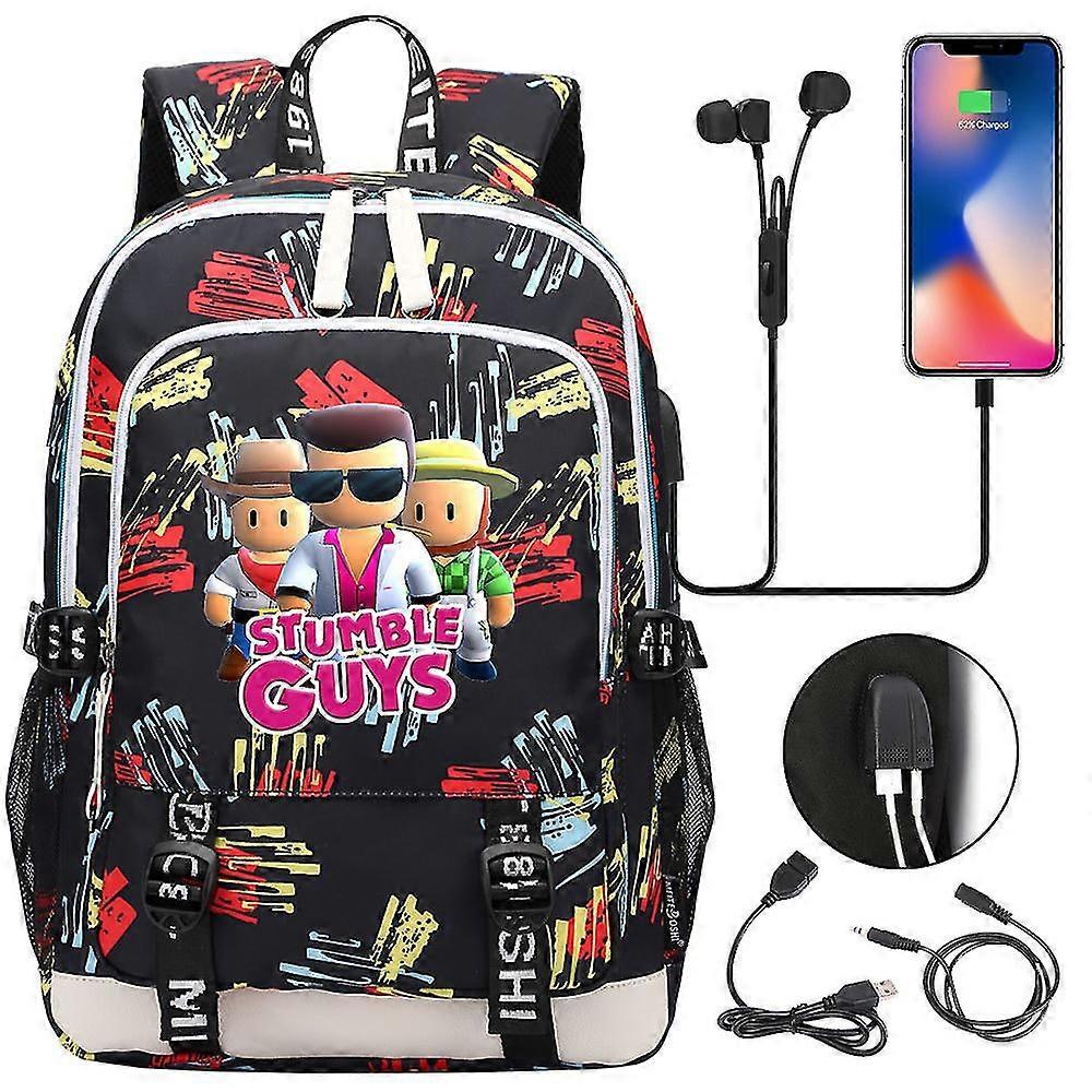 Stumble Guys hátizsák nőknek és férfiaknak | 15,6"-os laptoptáska USB-töltéssel | Vízálló iskolatáska | Rajzfilm Mochilák | Férfi női hátizsák