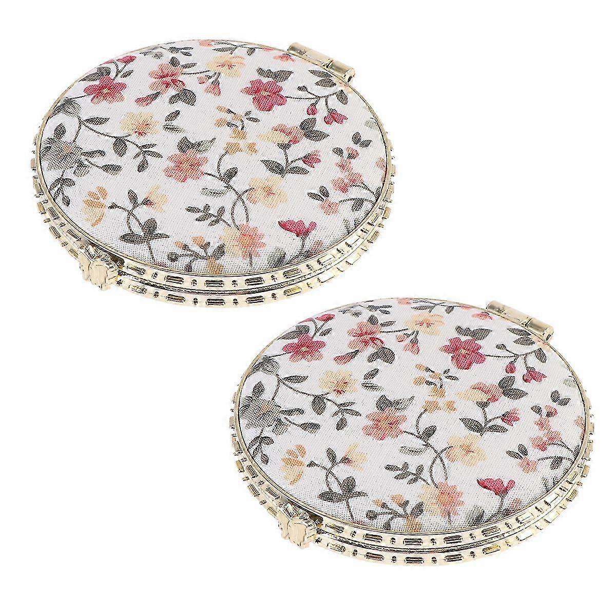 2pcs Double-sided Cosmetic Mirror Creative Folding Mirror Retro Cloth Printing Pocket Mirror Circular Makeup Mirror