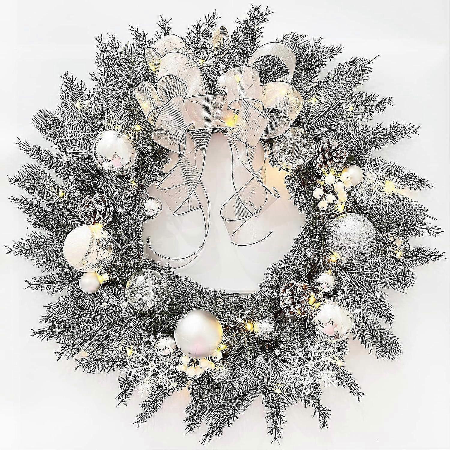 Guirlanda de Natal Pré-iluminada com Laço Branco e Enfeites de Bola, Guirlanda de Natal de 20 Polegadas com Luzes para - JA