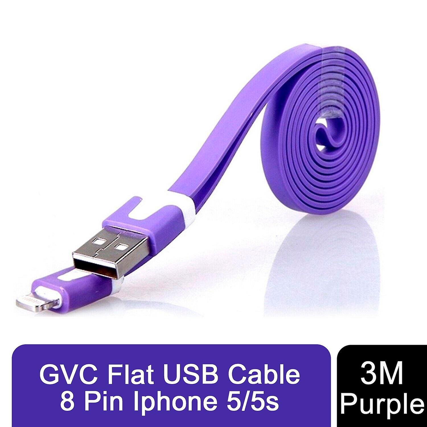 GVC 3 Metre Strong Tangle Free Flat USB Cable for Syncing & Charging, Purple