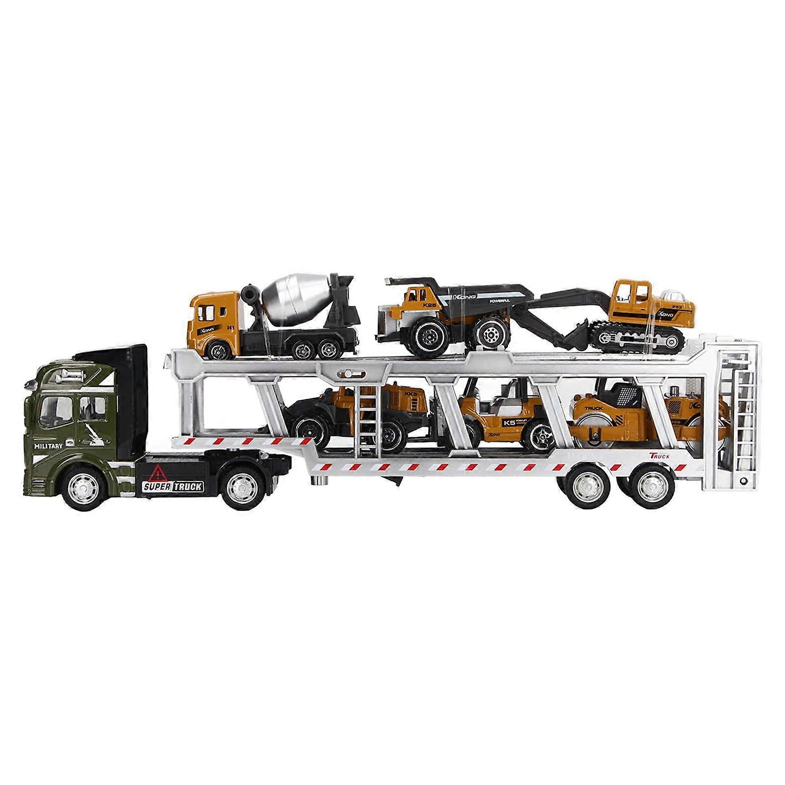 7 in 1 Transport Truck Toy Alloy Pull Back Function Carrier Truck Model Toy with 6 Small Engineering Vehicles 12.6in Green, with Classic Engineering C
