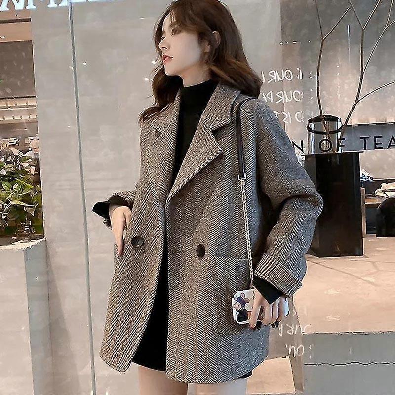 Coat Women's Spring and Autumn British Style Woolen Plus Cotton Thickened Loose and Thin Casual Coat