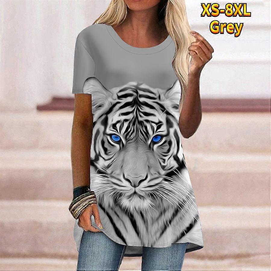 Plus Size Kobiety Letnie Tygrysy Drukowane Wygodne T-shirt z krótkim rękawem i okrągłym kołnierzem Casual Baggy Koszulki średniej długości