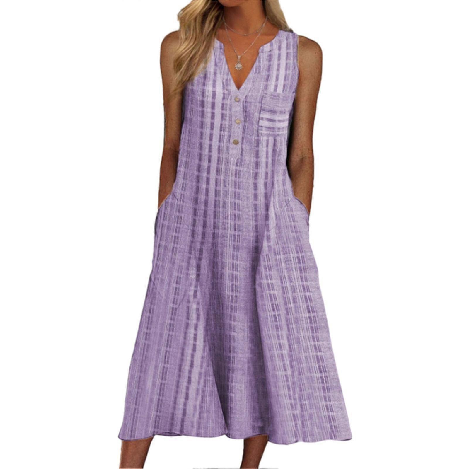 Summer Casual Sleeveless Midi Dress with Pockets & Button Front