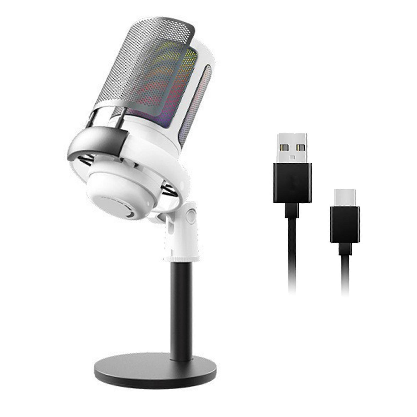 Microfono USB per PC Microfono da gioco a colori con pulsante Mute Illuminazione a colori di base solida per streaming e canto dal vivo Bianco