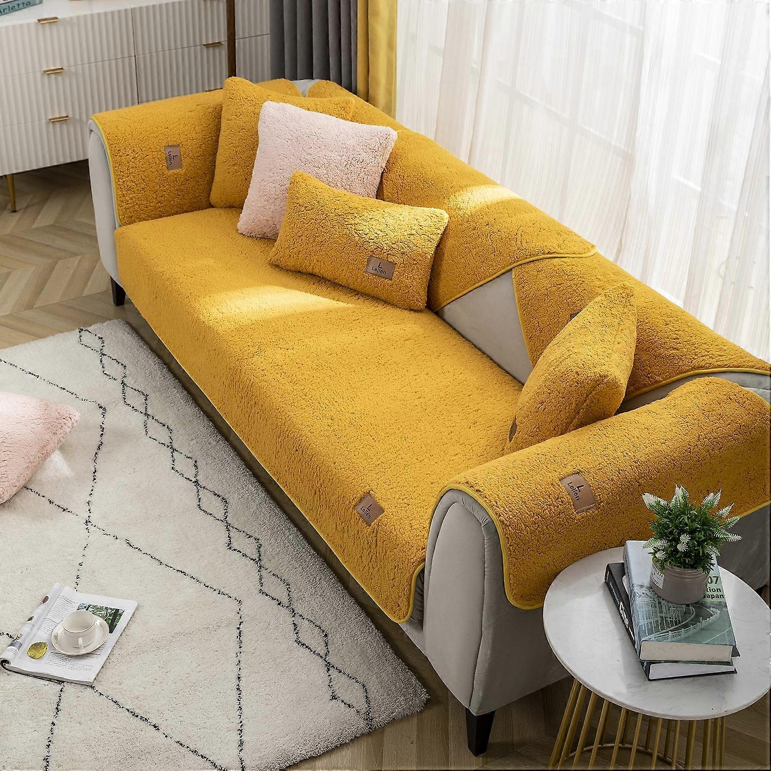 Modern Solid Color Winter Lamb Wool Sofa Towel Thicken Plush Soft and Smooth Sofa Covers for Living Room Anti-slip Couch Cover