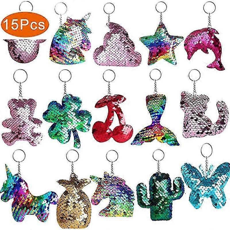 Sequin Keychain 15pcs Flip Sequin Keychain For Mermaid Tail Clover Cat Animals Shape Christmas Gift