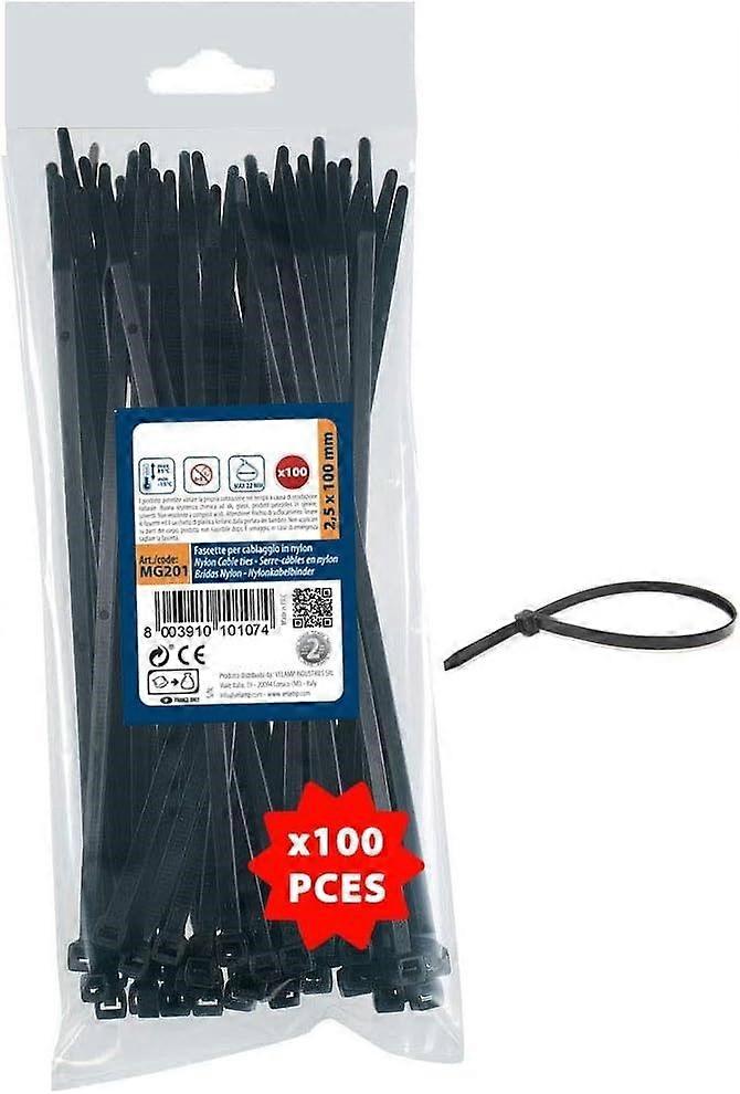 ערכה של 100 עניבות-2.5 x 100 מ"מ מהדק כבל, ניילון 6.6, עמיד במיוחד, שחור