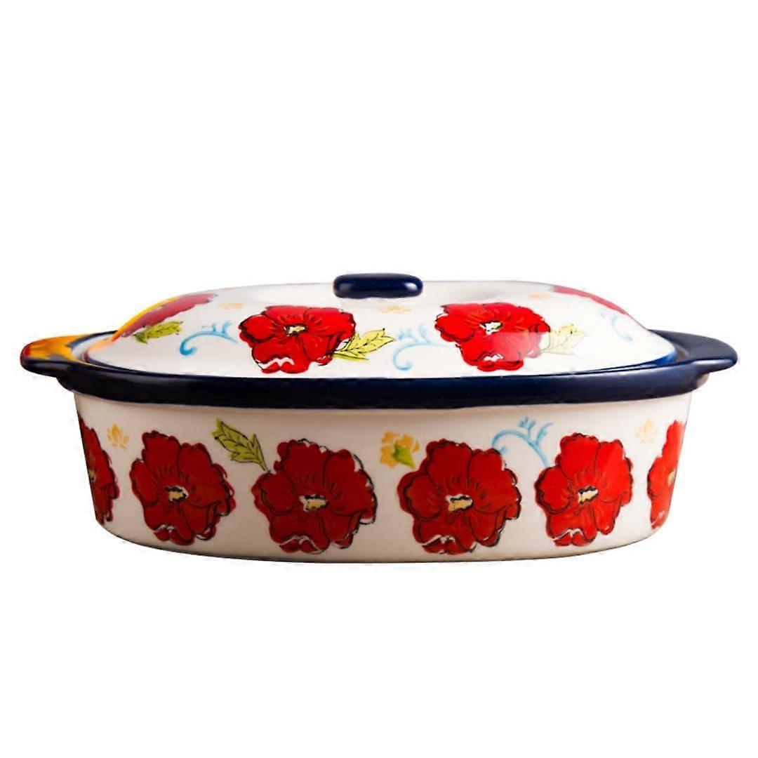 Floral Ceramic Covered Rectangular Deep Casserole Oven Dish Safe Dishwash Safe 44oz