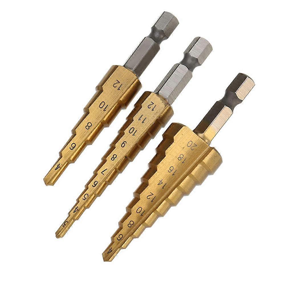 3Pcs 1/4 Inch Hex Shank HSS Coated Step Drill Bit Set 3-12/4-12/4-20mm Three Size Step Drill Bits For Metal Plastic Wood