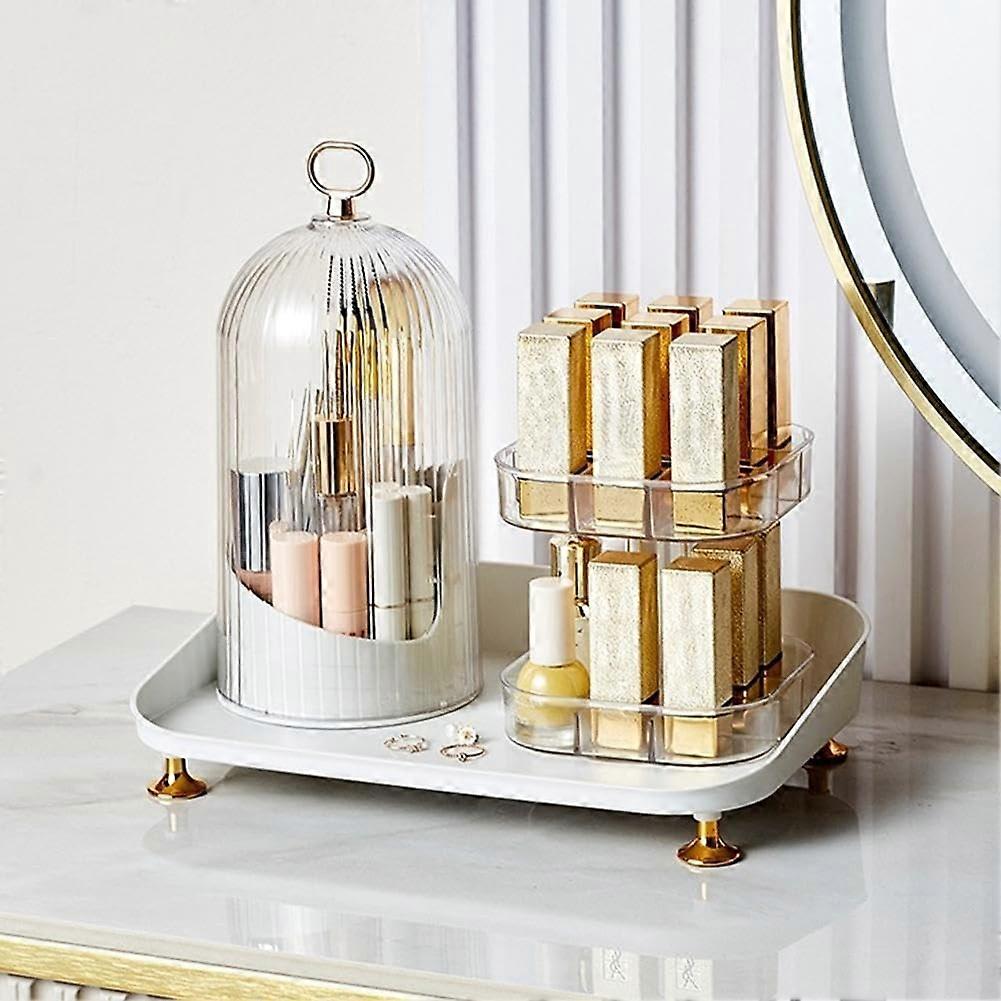 Rotating Makeup Organizer Desktop Cosmetic Storage Box with Lid + Lipstick Storage Rack