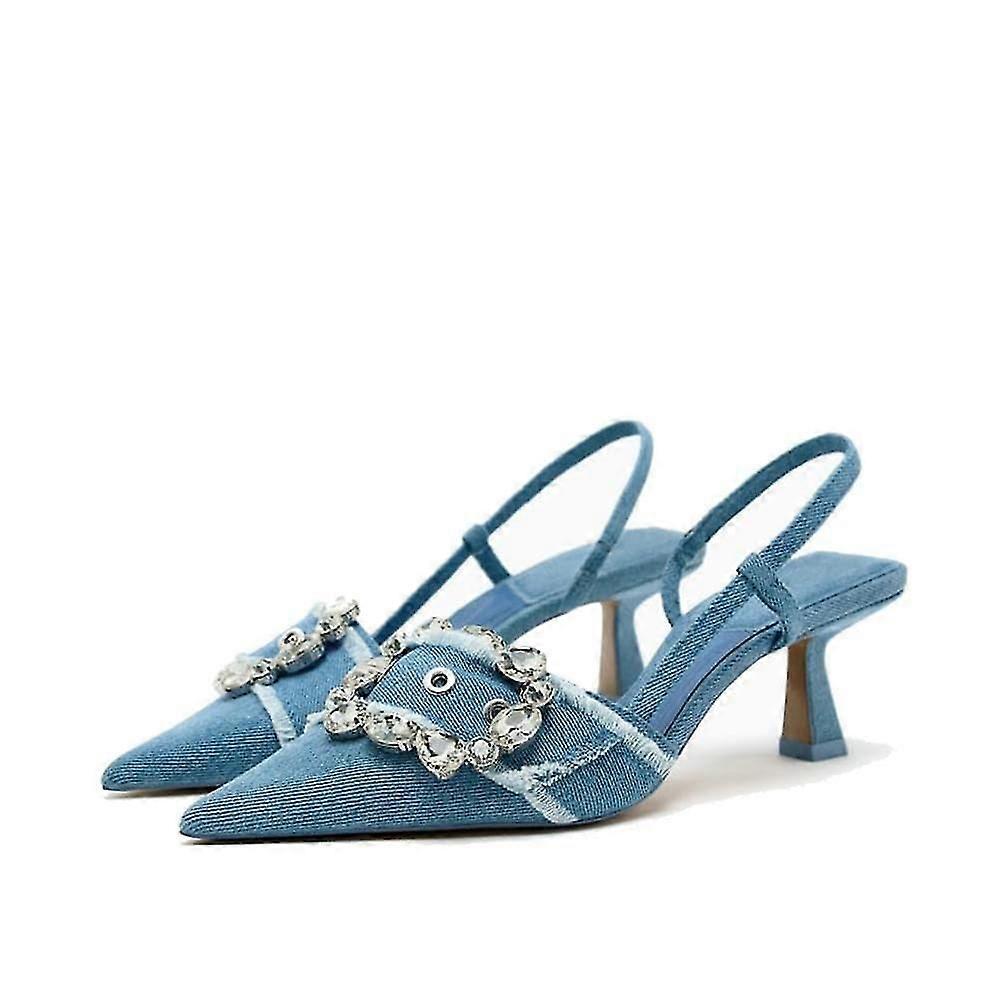 Strass À Bout Pointu Denim Chaton Talons Mode Slip On Slingback Talon Bas Robe Pompes Fo