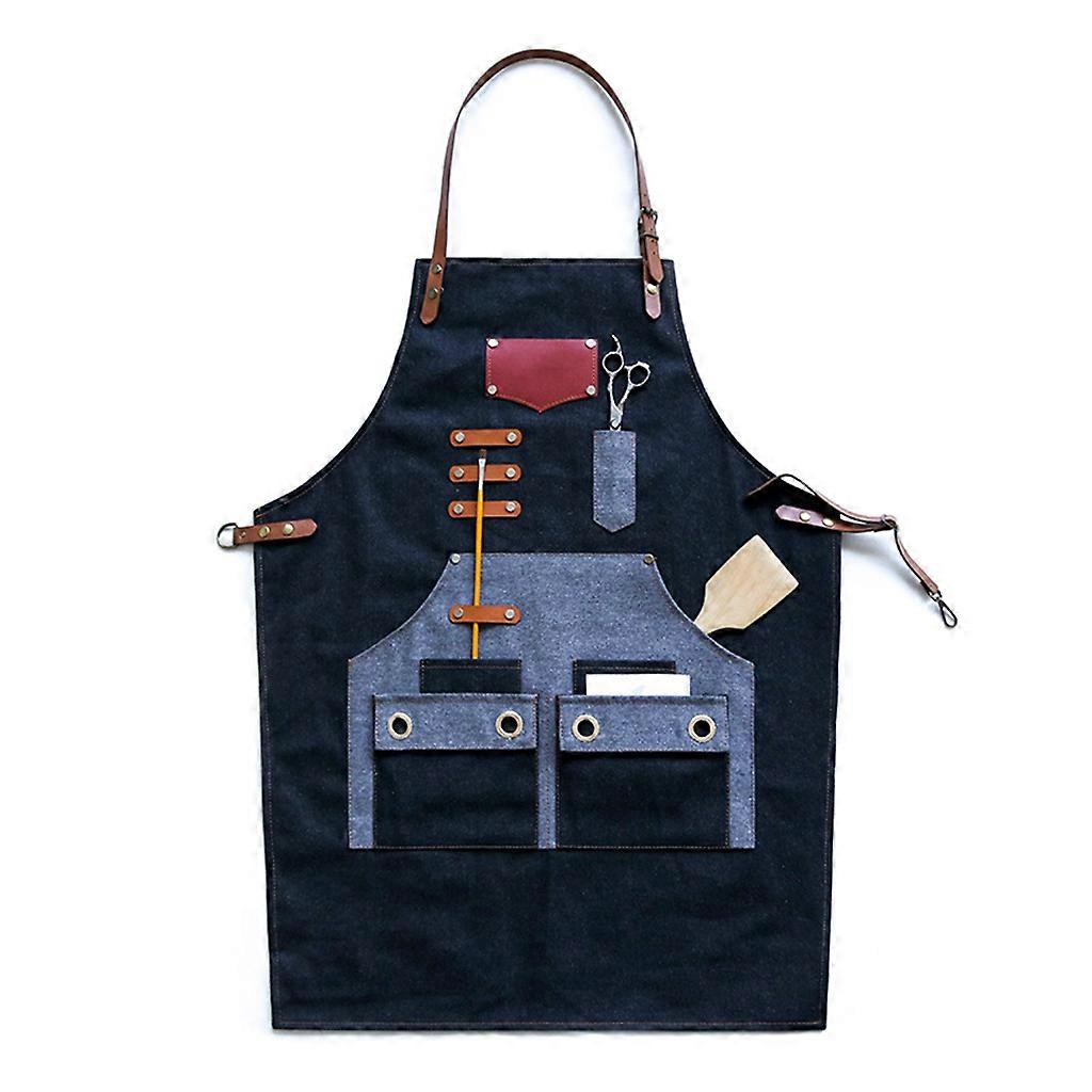 Adjustable Canvas Apron with Multi Pockets Unisex Long Bib Aprons for Chef BBQ