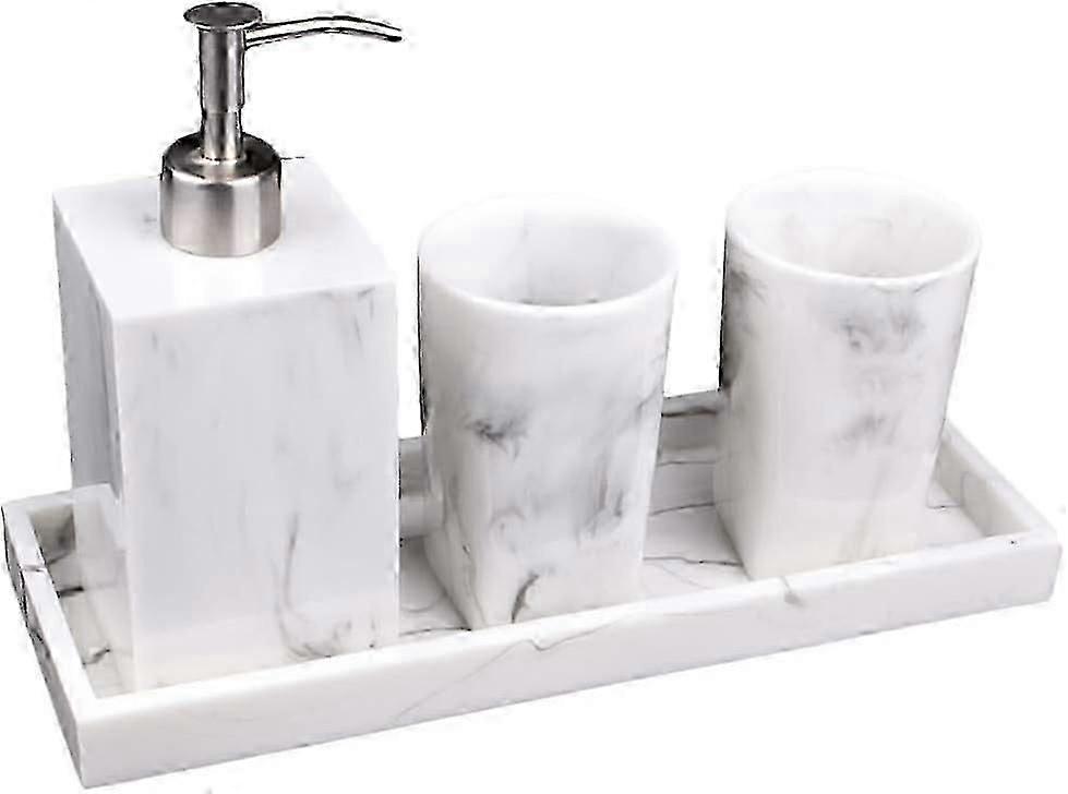 Bathroom Accessory Set, Marble Look 4 Piece Set with Soap Dispenser, Vanity Tray, 2 Cups