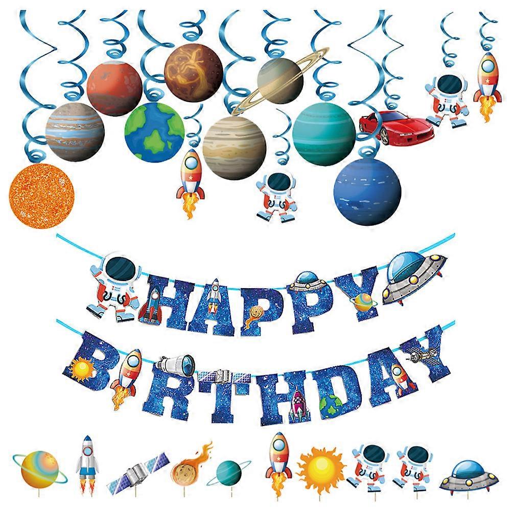 Birthday Party Decoration Happy Birthday Banner Cake Insert Plugin Cake Flag Space-Themed Decor Assorted Color 22x16cm 1Set