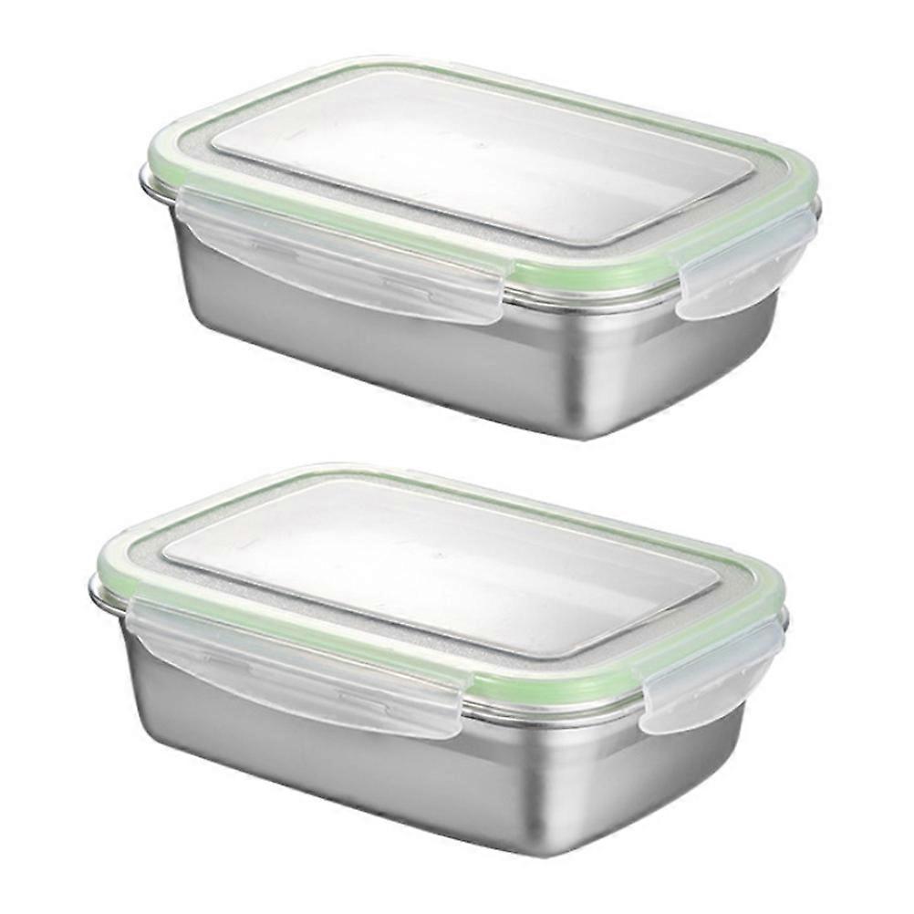 Leakproof Lunch Container Metal Food Container Rectangular Shape For Rice Meat Vegetable 2Pcs Green 850ML 350ML