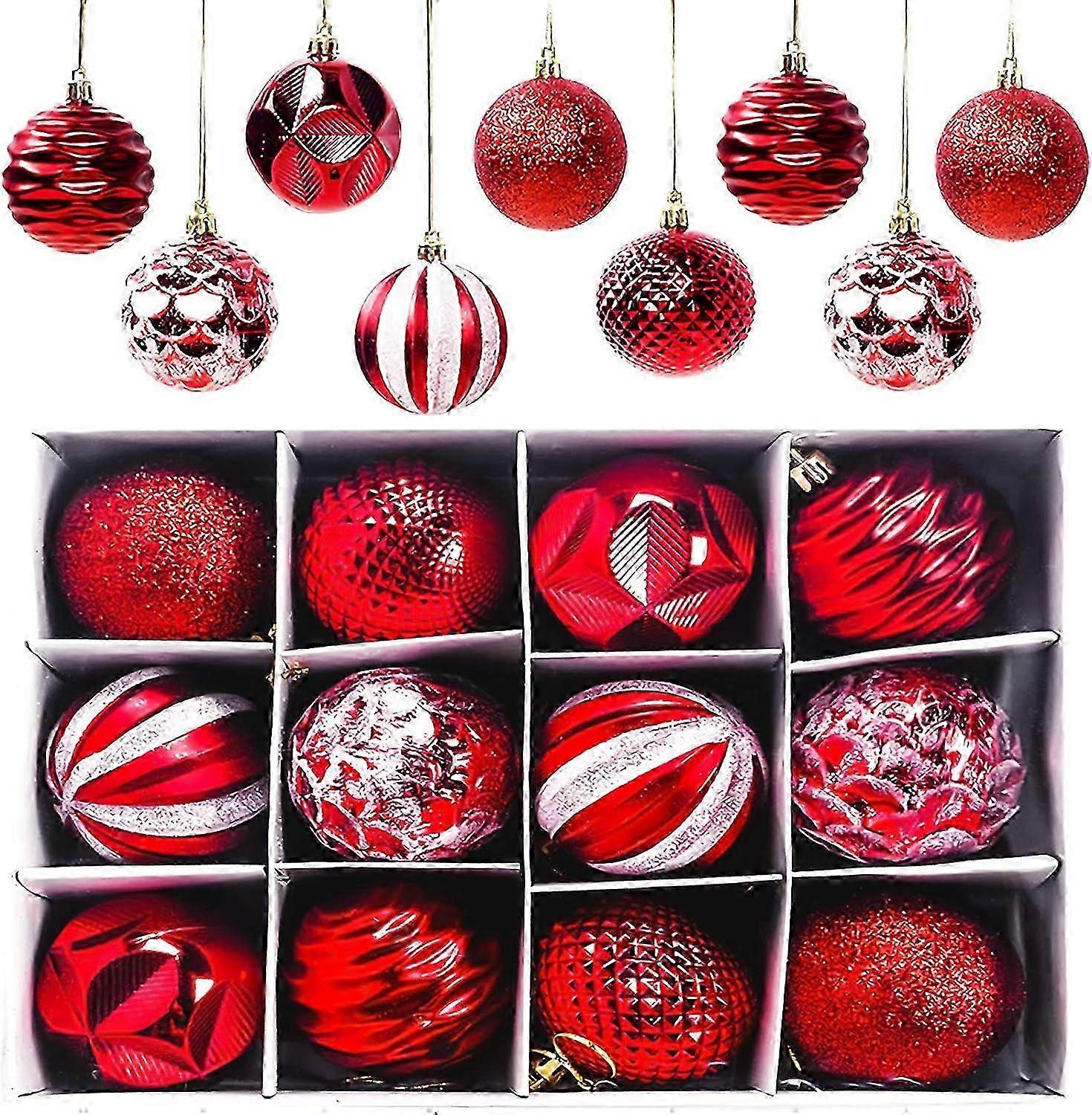 12 Pieces of Matte and Glossy Christmas Tree Baubles, Glittering Decorations in Red