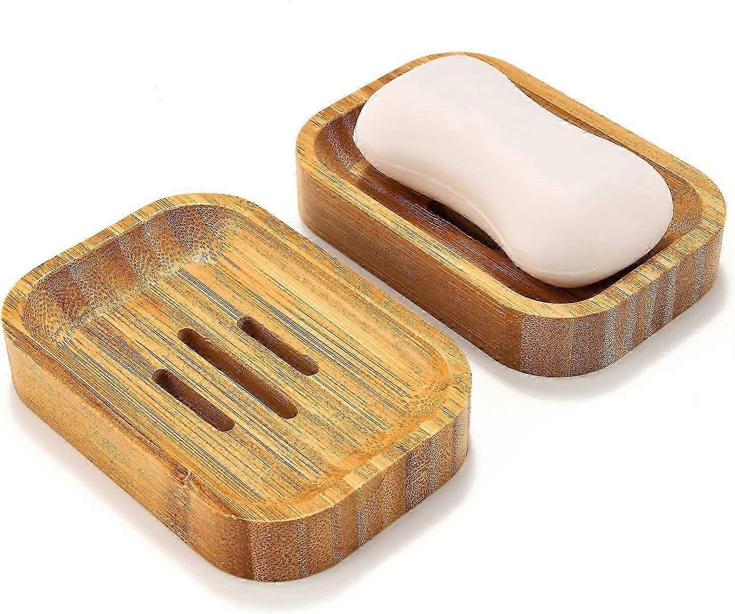 Set of 2 Eco-Friendly Bamboo Soap Dish Holders for Storing Sponges and Accessories in Bathroom and Kitchen