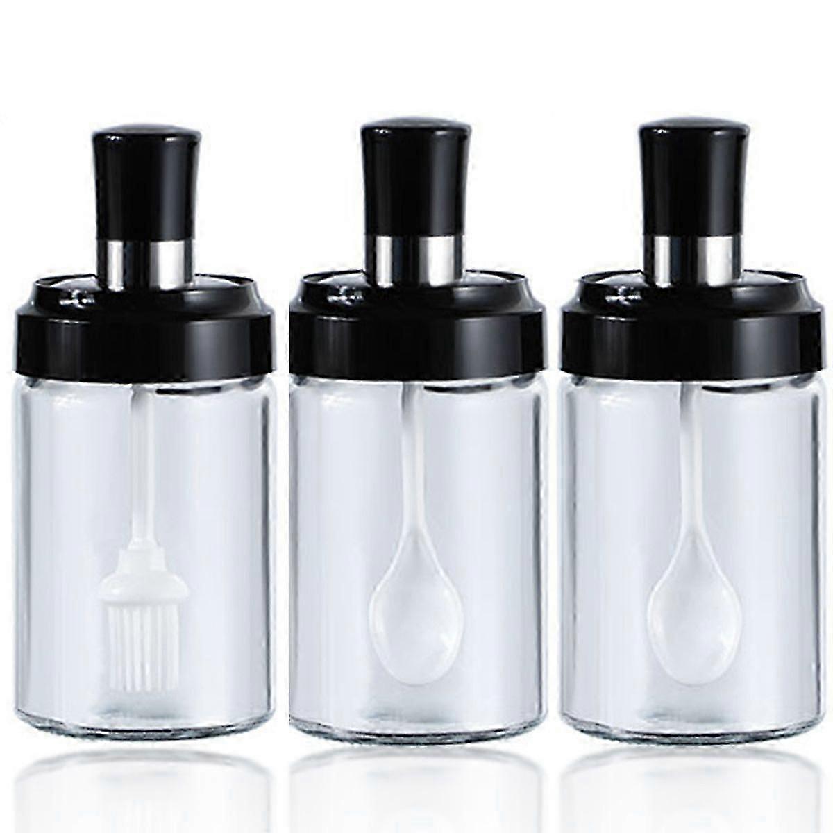 3 High Borosilicate Glass Spice Jars Seasoning&Condiment bottle,Combination Spoon and Lid Design, Salt Sugar and ketchup Canning Jar for Home and Kitc