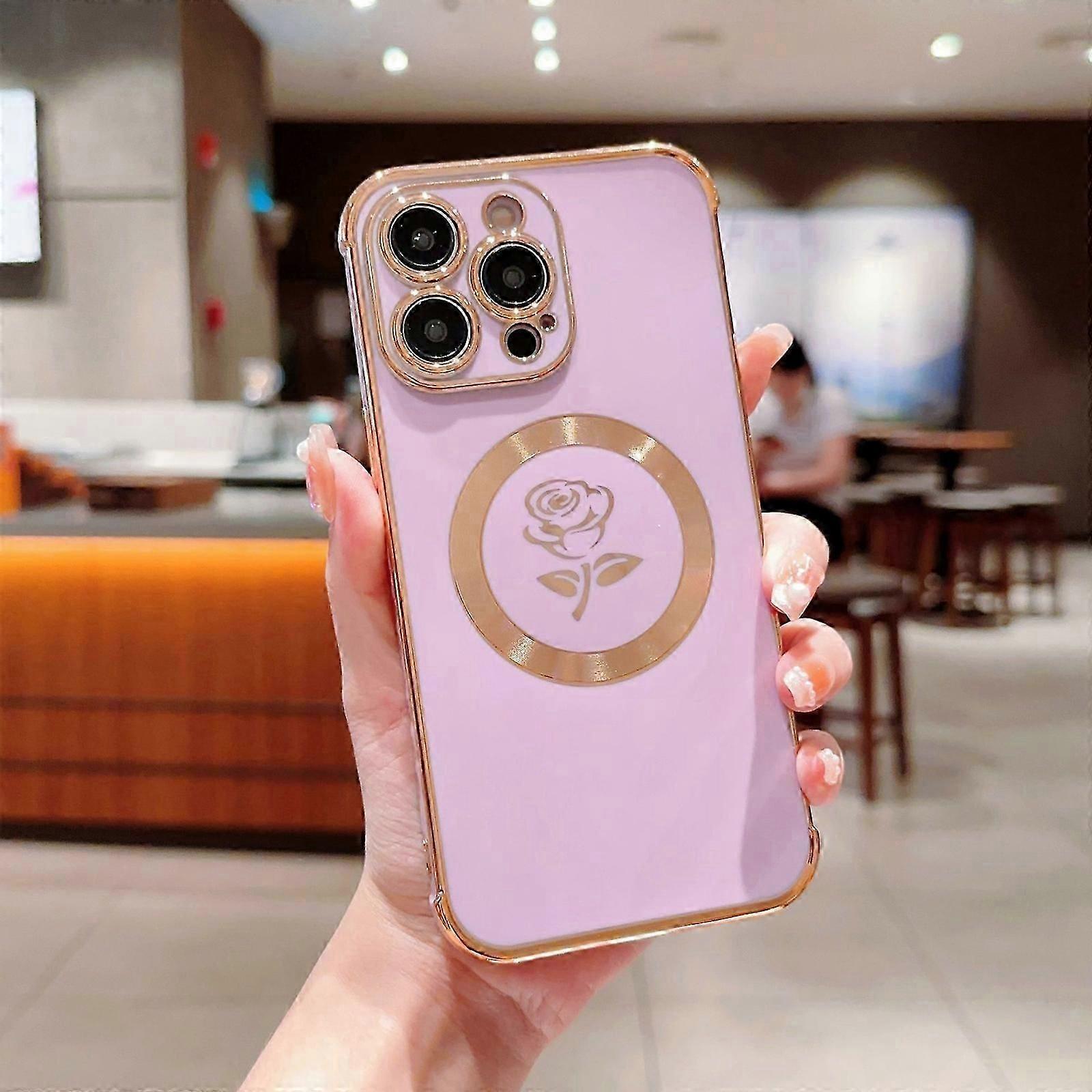 iPhone 15 Pro Max/15 için MagSafe ile Uyumlu Ultra Manyetik Kılıf, Lüks Kaplama Bling Gül Desenli Darbeye Dayanıklı Kılıf, Kamera Lens Korumalı