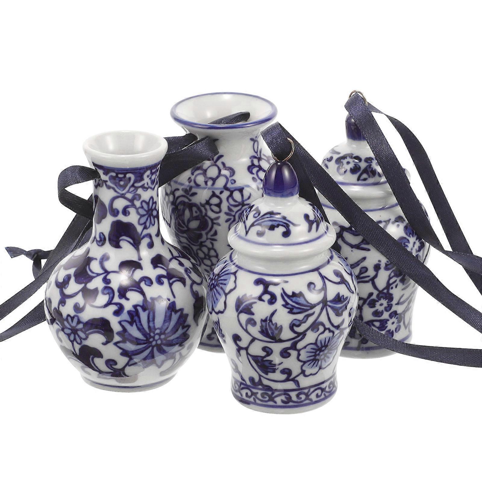4pcs Blue & White Porcelain Jar Pendants Unique Ceramic Hanging Ornaments for Home Decor, Gardens, Vehicles, and Special Occasions