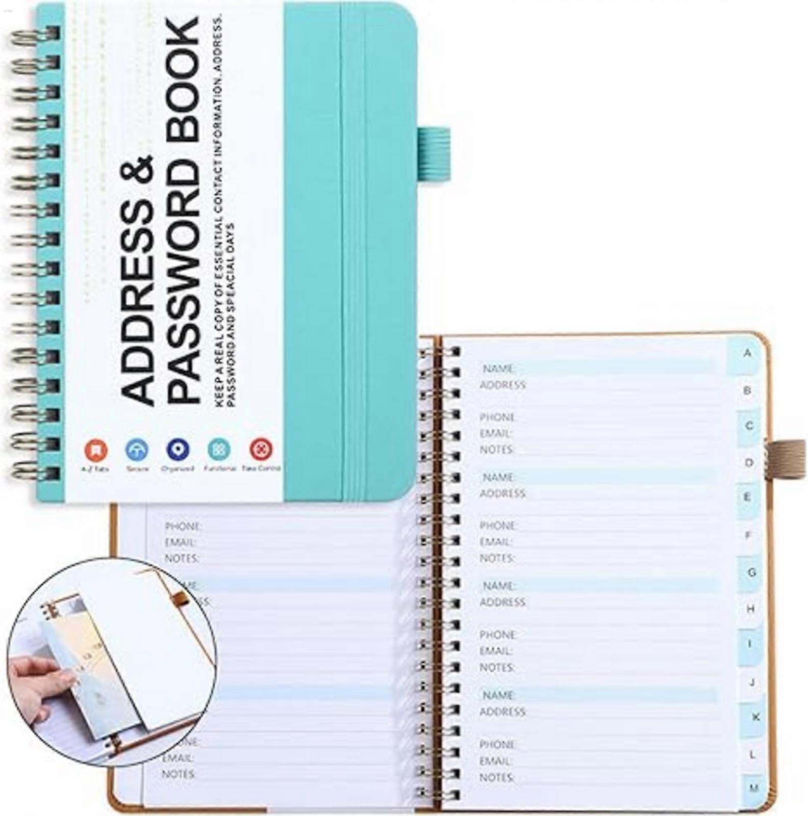 Password Book with Alphabetic Tabs  Address and Password Memory, Compact Spiral Notebook, Cyan Blue