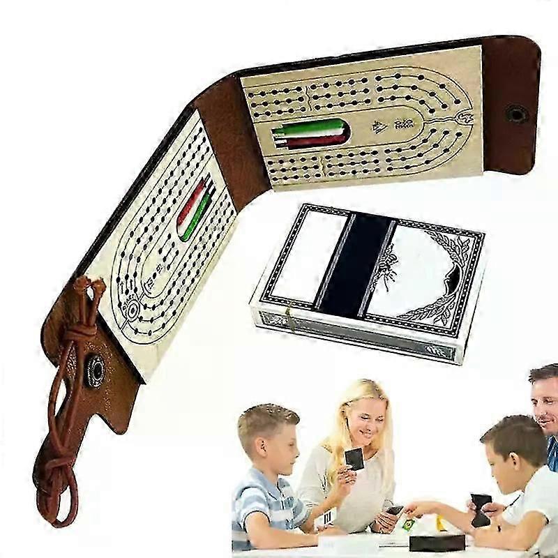 Folding Cribbage Board Game Set Fun Table Game with Wooden Board Faux Leather Case Classic Cribbage Game with Full Deck of Cards