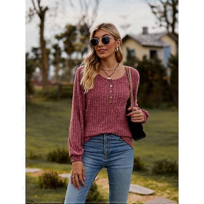 Autumn and Winter Women's Sweater Round Neck Pit Stripe Milled Solid Color Button Patchwork Long Sleeve Top