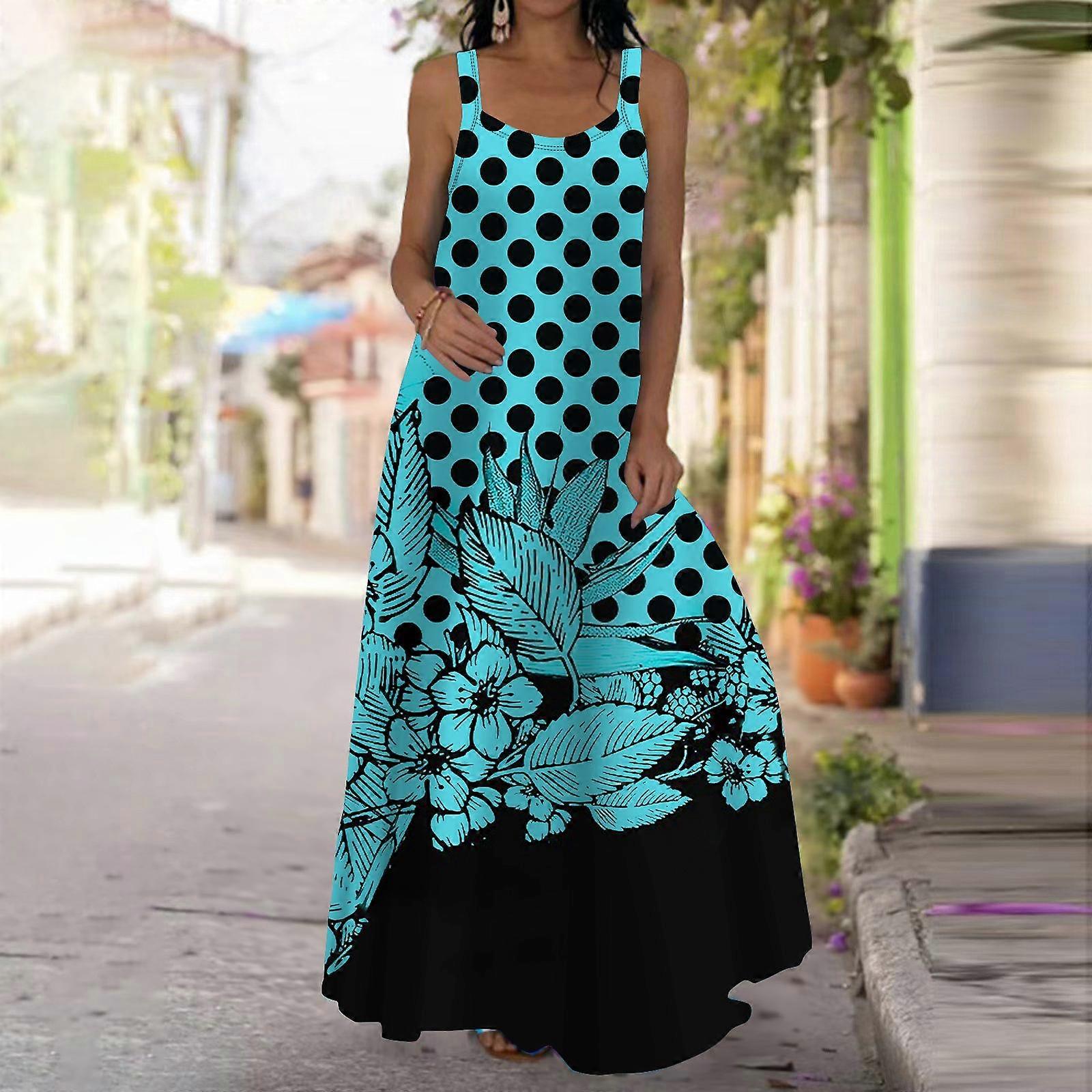 Dámské dlouhé šaty na slipy Maxi s puntíky na modré listy a potiskem Jarní & letní dovolená