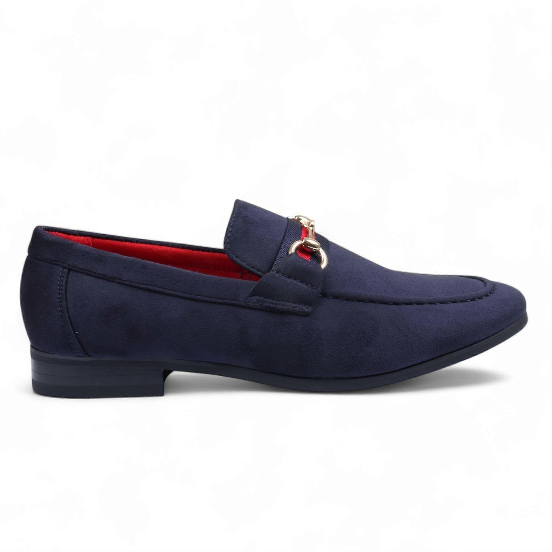 Men's Navy Suede Loafers with Gold Buckle Slip-On Dress Shoes