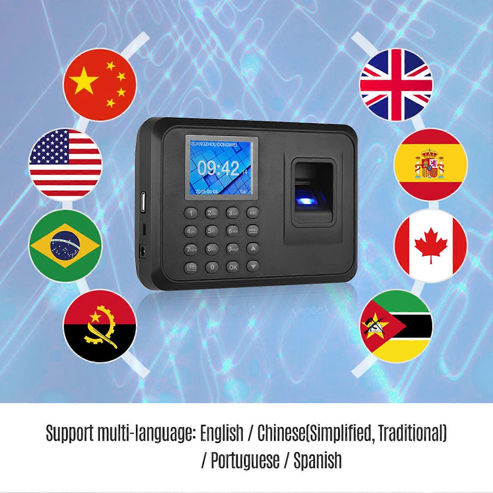Biometric Fingerprint Password Attendance Machine Multi Language 2.4in LCD Screen Employee Checking-in Recorder Export Data, US Plug