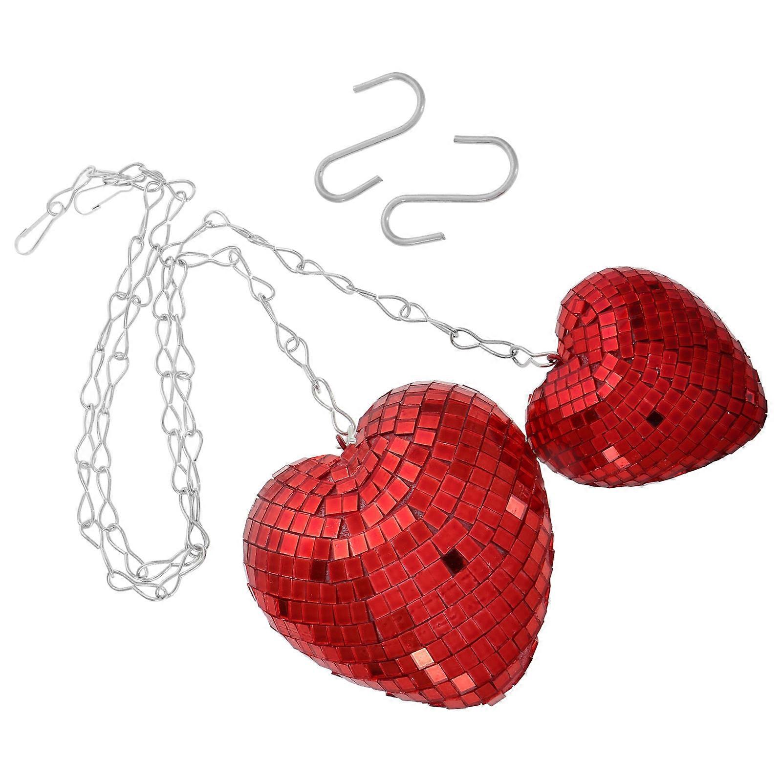 2pcs Heart Shaped Disco Ball with Chain Reflective Mirror Ball for Wedding and Party Hanging Decoration Red