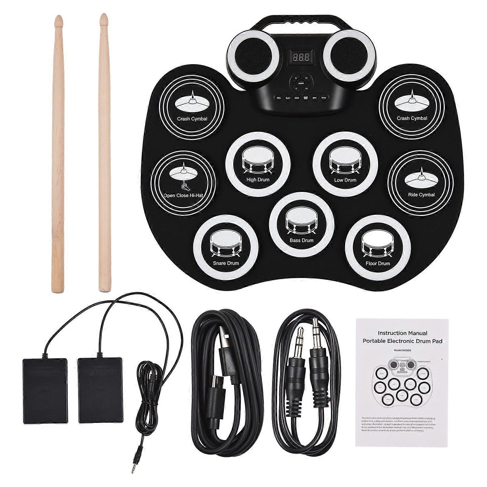 Portable Roll Up Drum Pad Electronic Digital Stereo Drum Pad with Built in Speakers Foot Pedals Headphone Colorful Light