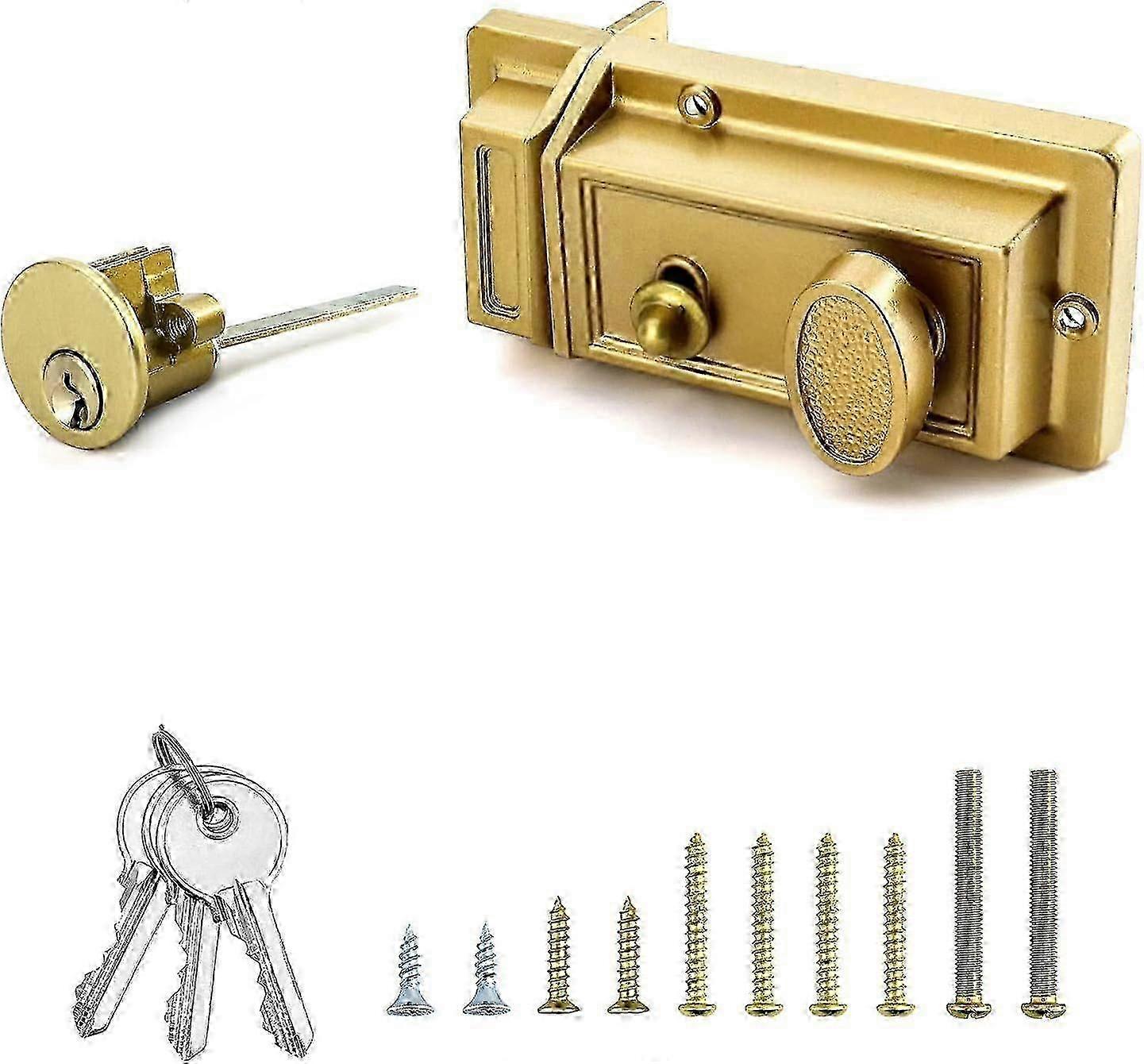 Night latch deadbolt rim lock with key gold finish antique style lock with front