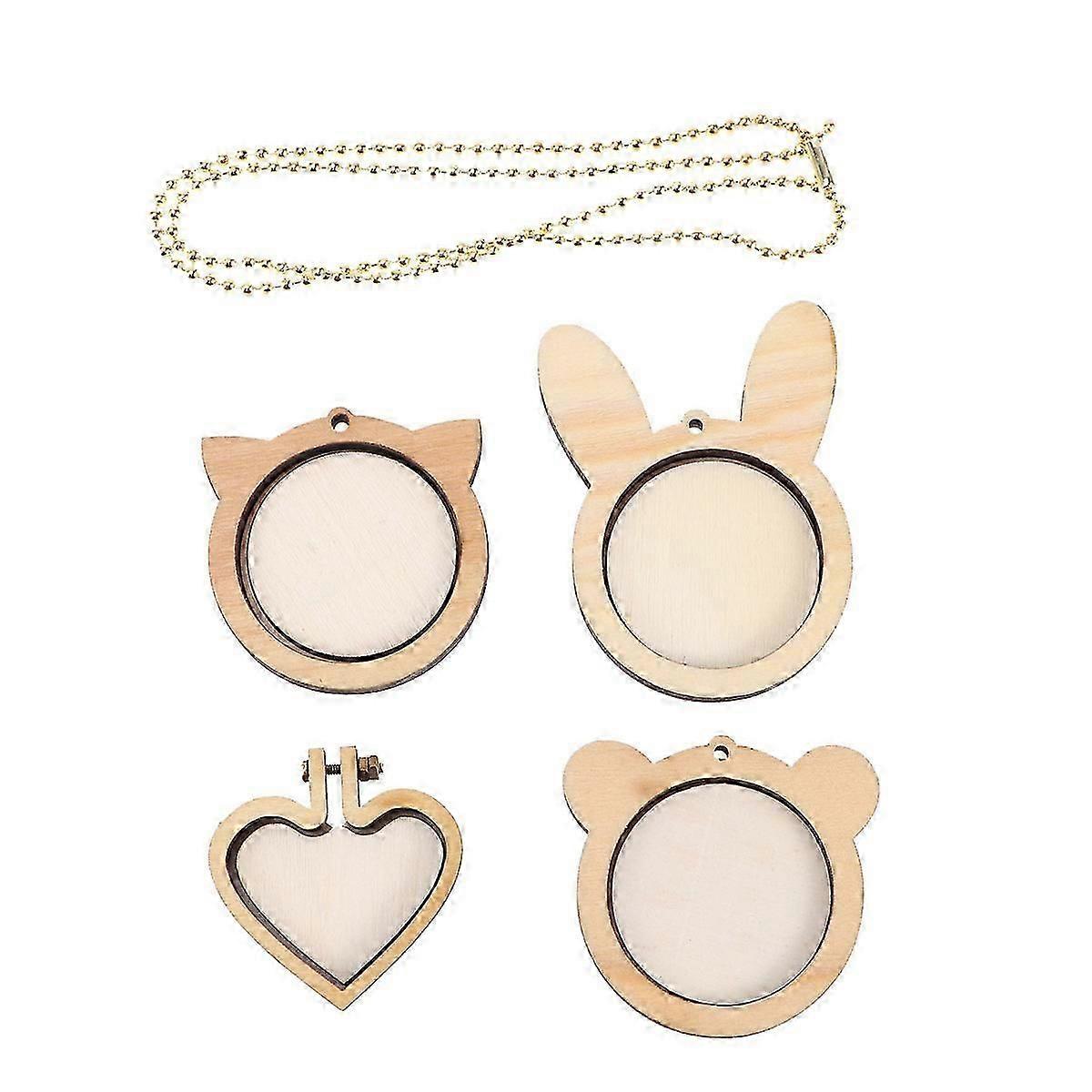 DIYクラフトソーイング用5個のミニ木製刺繍フープクロスステッチフレーム(4.5cm子猫クマウサギ、4cm)