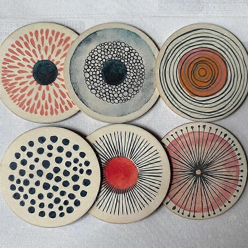 6 sets of circular patterned printed wooden anti-slip coasters, suitable for theme party decoration anti-slip coasters