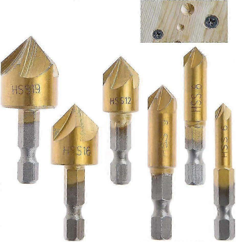 6pcs Hss Countersink 90 Degree 5 Flute Countersinks Hole Cutter Titanium Coated