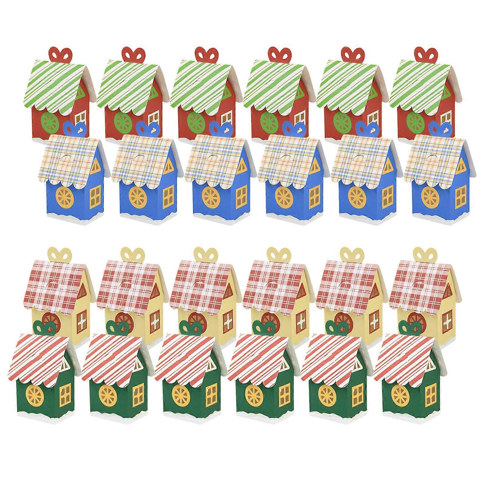 Set Of 24 Reusable Holiday House Shape Gift Boxes Paper Candy Containers For Christmas Event And Crafts Multicolor