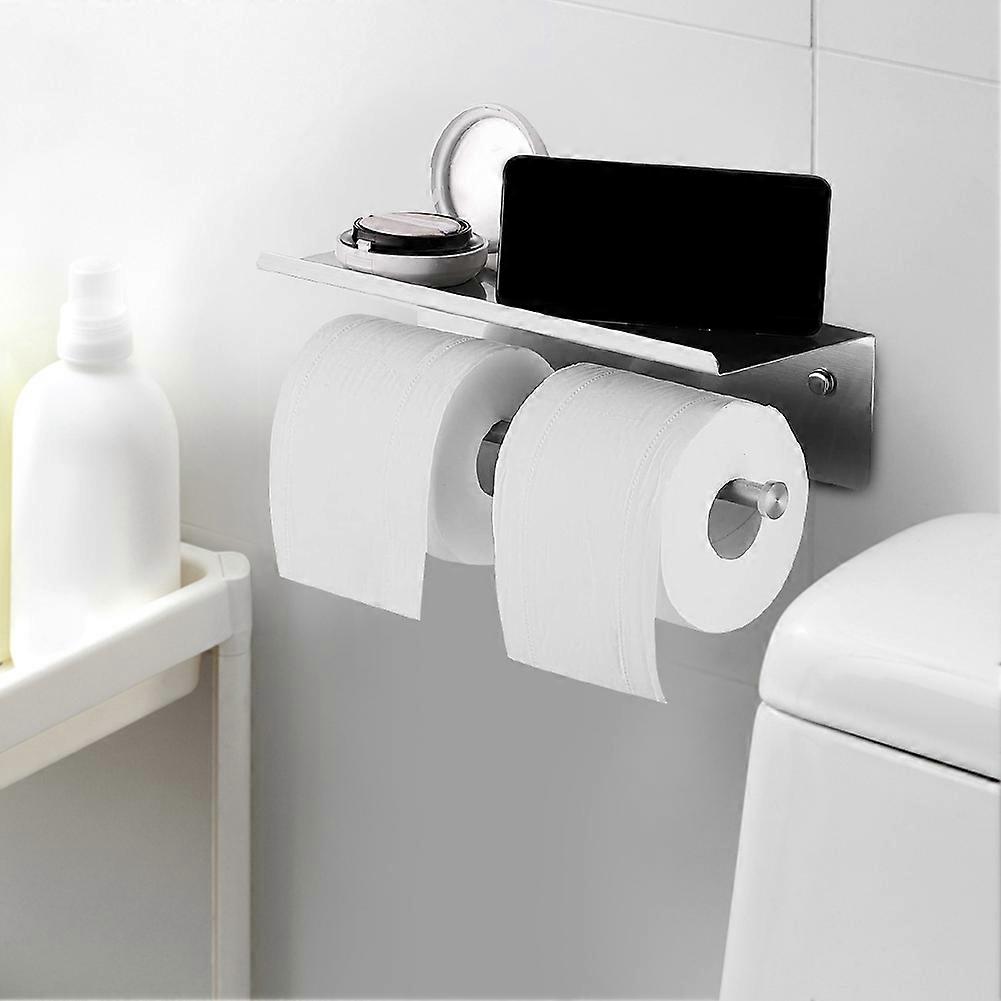 Stainless Steel Dual Rack Roll Paper Holder Toilet Paper Rack with Mobile Phone Storage Shelf