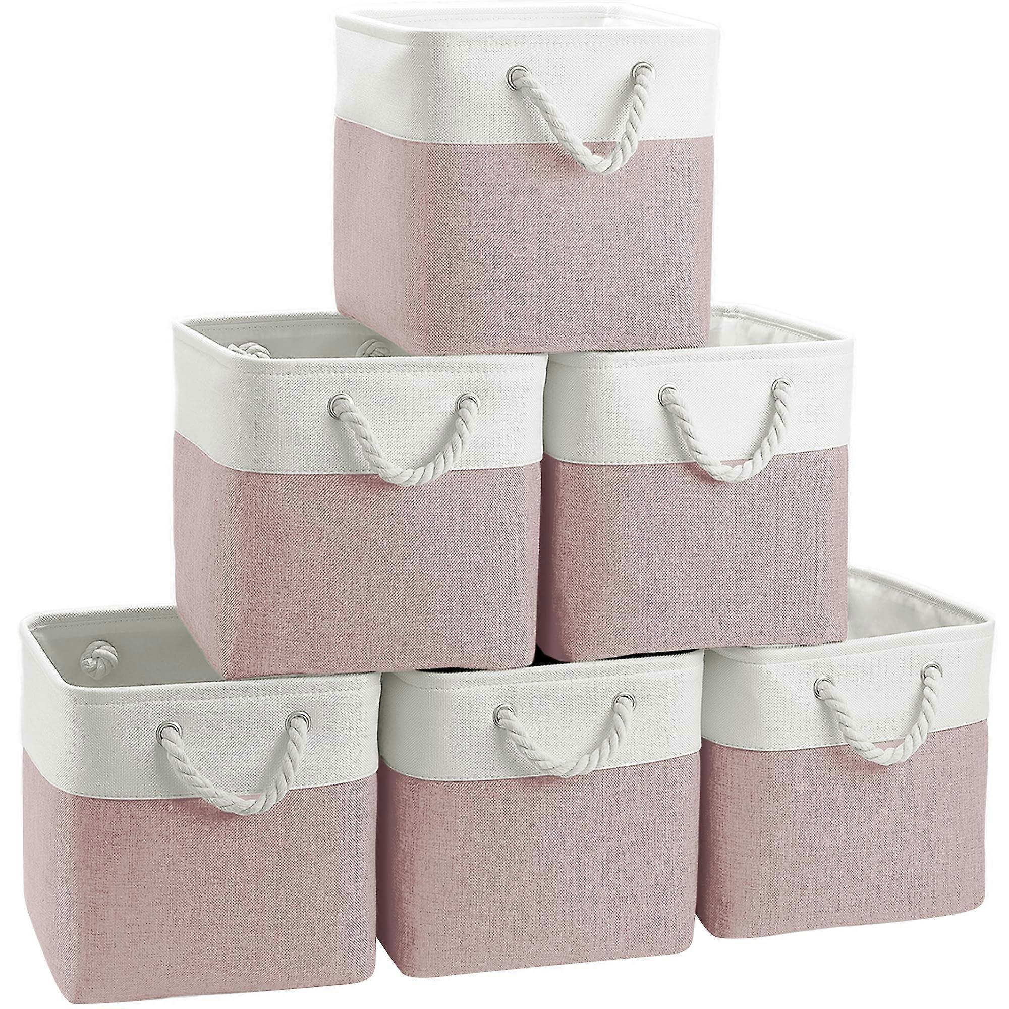 Large Cube Storage Baskets With Cotton Handles For Closet, Shelves, Clothes, Toys, Towel White/Pink 6 Pack