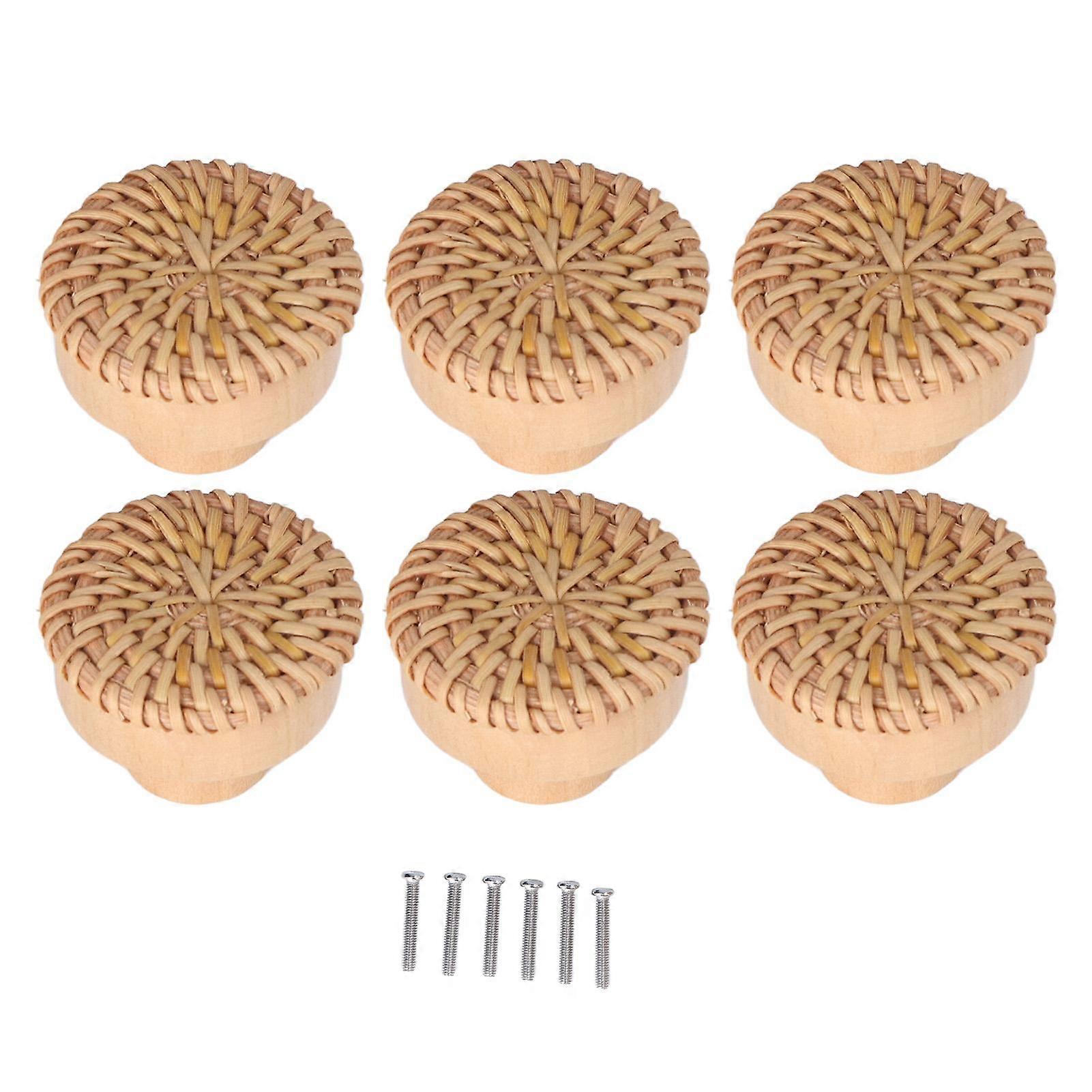 6pcs Round Drawer Knobs Wood Rattan Woven Handmade Drawer Pulls Door Knobs for Kitchen Bedroom
