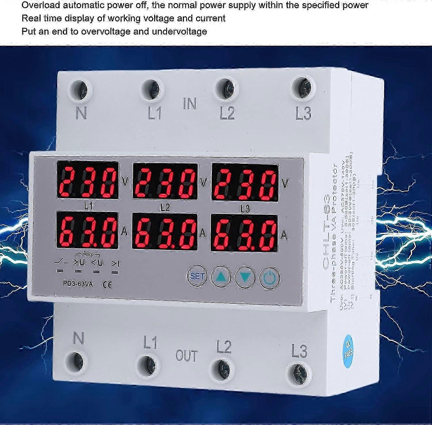 3 Phase Din Rail Voltmeter, CHLT 63 Digital LCD Display Automatic Reset Din Rail Voltmeter Ammeter AC390 to 500V Over Voltage AC370V to 140V