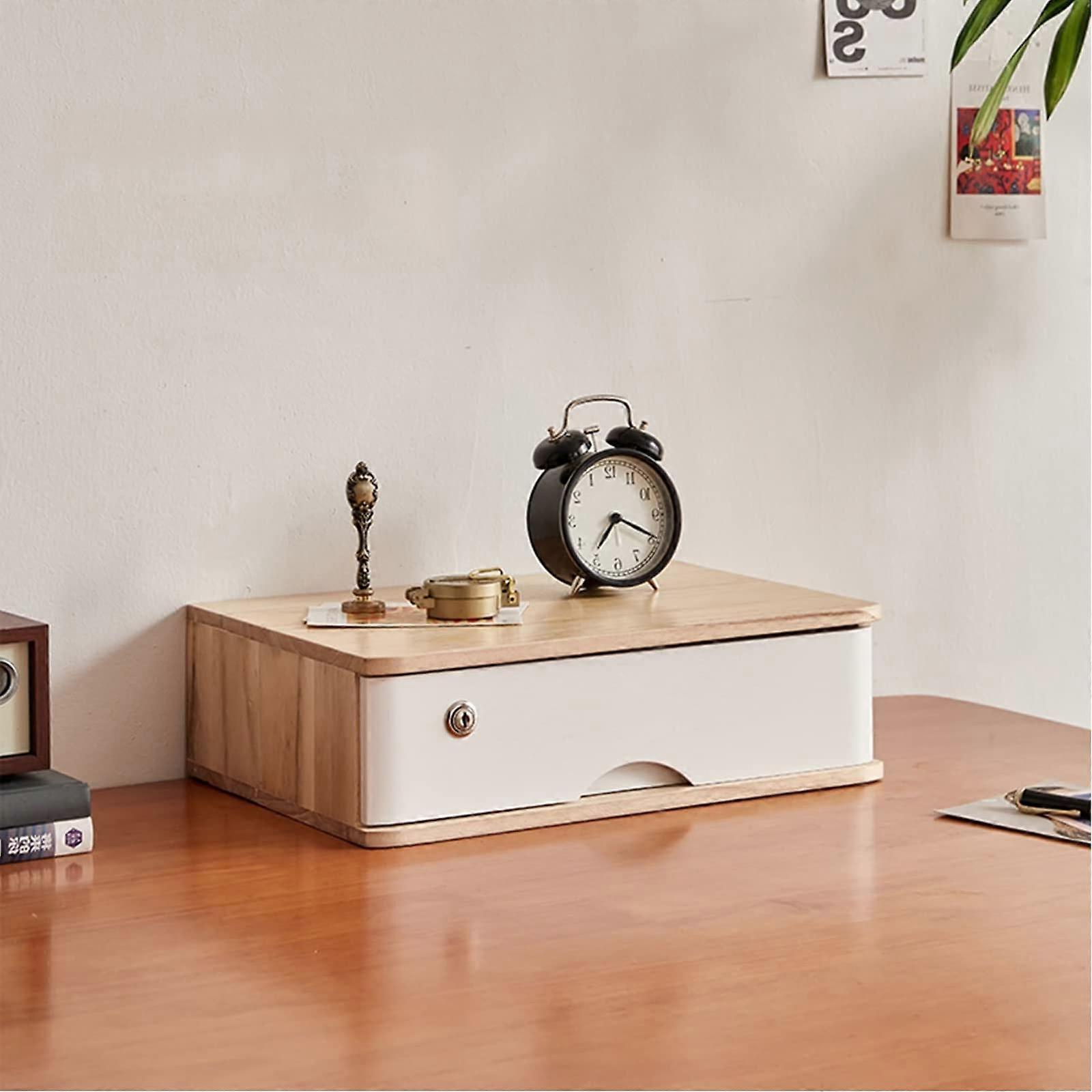 Lockable Wooden Desktop Storage Box with 2 Drawers for Home Office Documents and Supplies