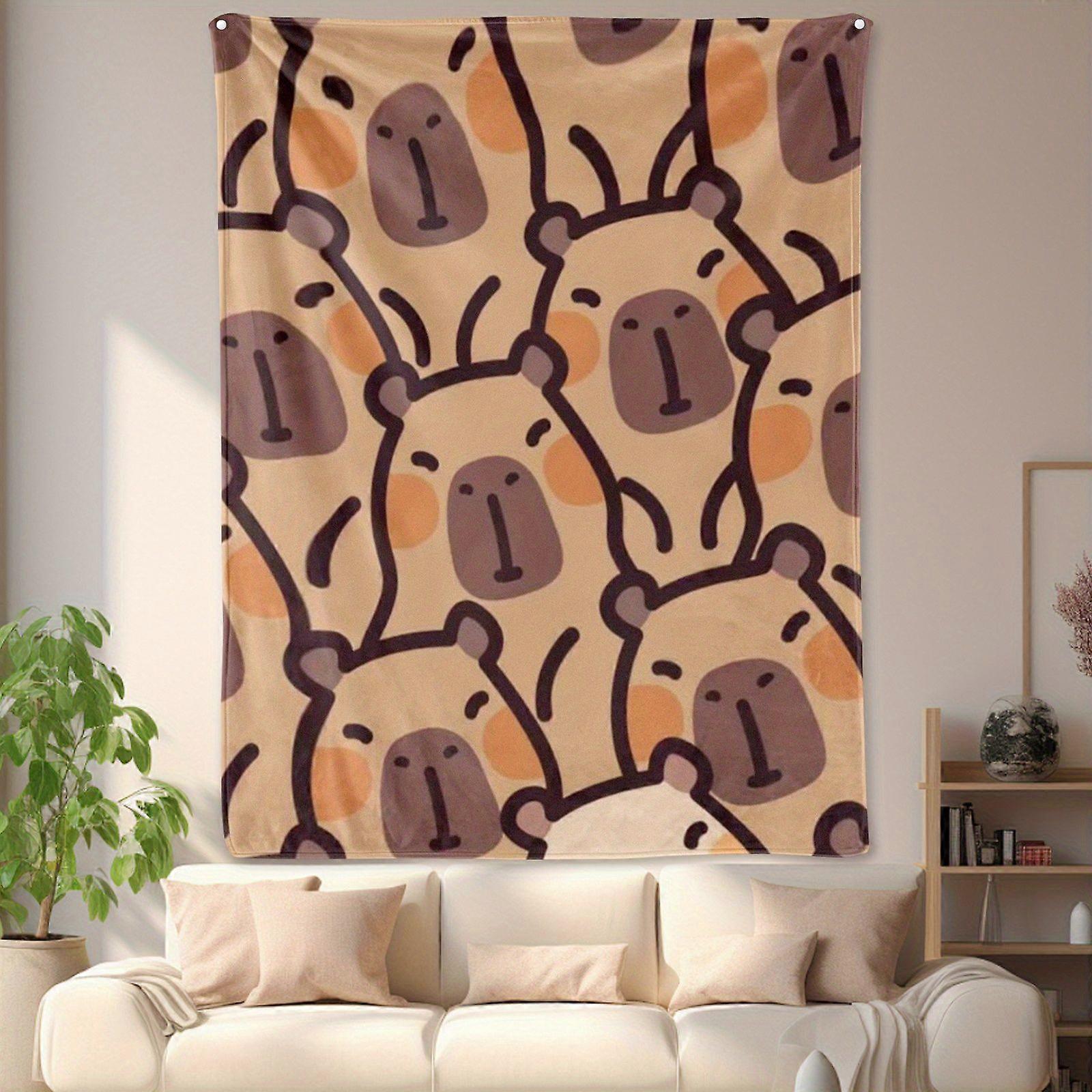 Cartoon Capybara Throw Blanket - Super Soft Flannel, Warm Brown Tones & Repeating Design, Anti-Pilling Machine Washable,-pkjhg217