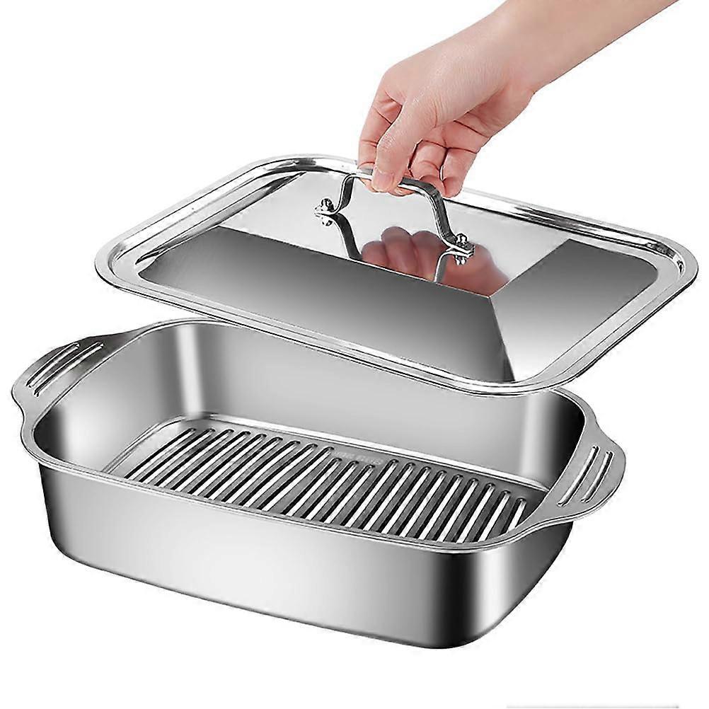 Stainless Steel Deep Roasting Rectangular Paella Pan with Lid and Dual Handles for Camping and Parties