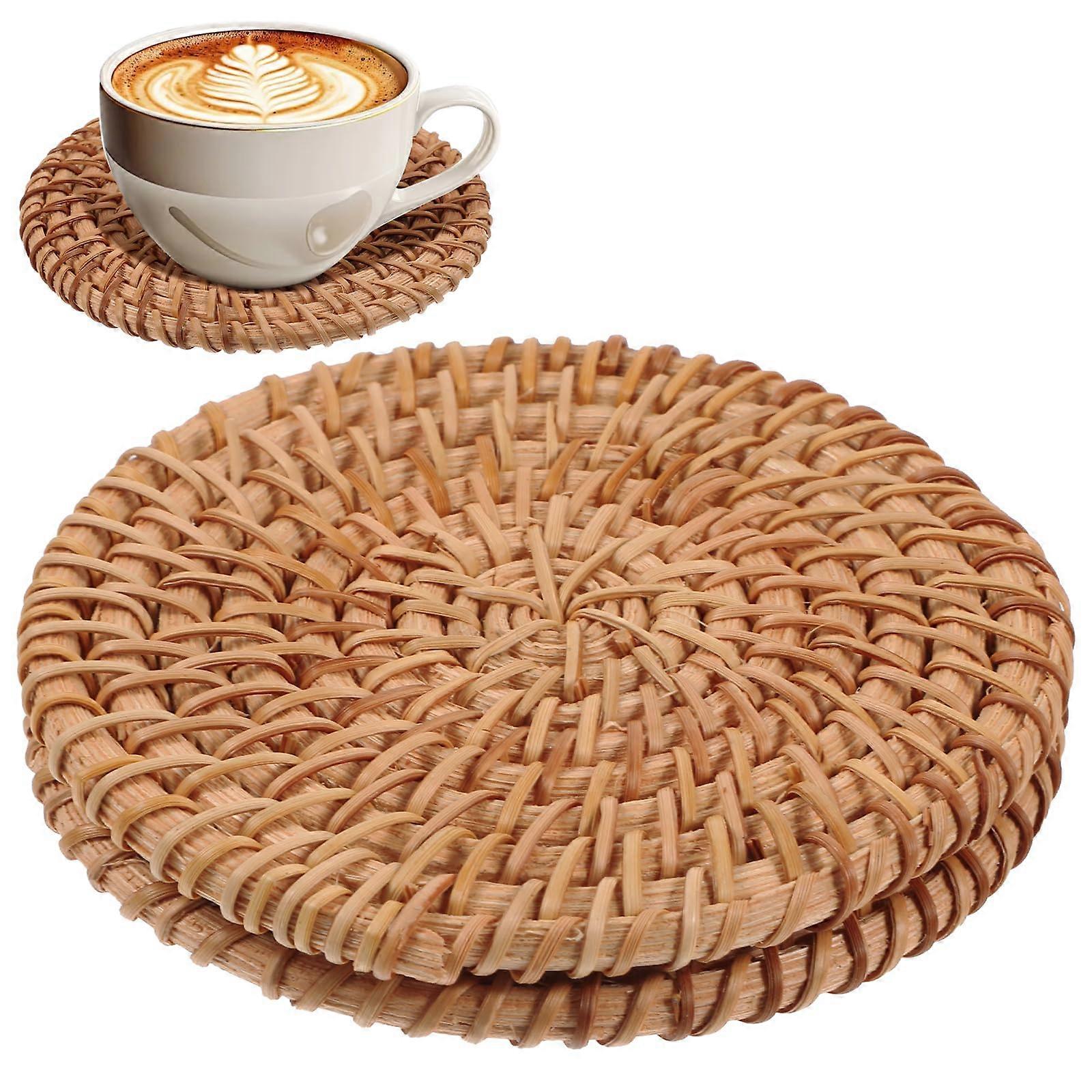 2 Pcs Handmade Rattan Coasters Set, Heat Resistant Boho Drink Coasters for Coffee Table Decor
